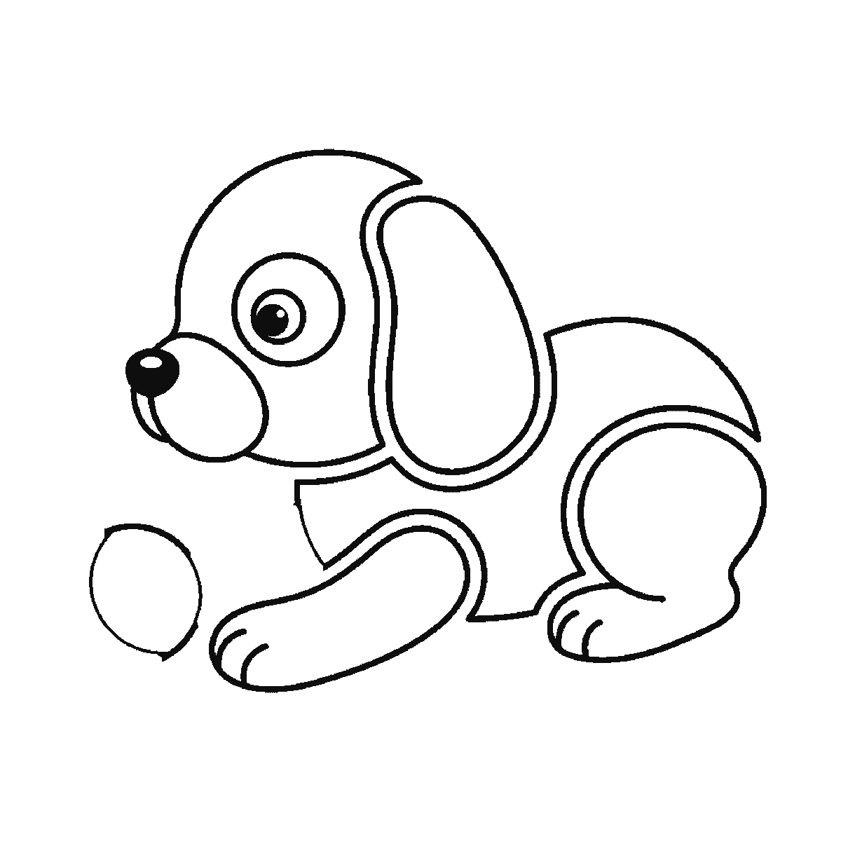 Step 5 of 6: Step-by-step drawing sheet: a round puppy lying down side-on with a ball, built up over six frames from the back and haunch to the head, the floppy ear and the stretched front paw, with the nose, eye and tail last, black outlines on white