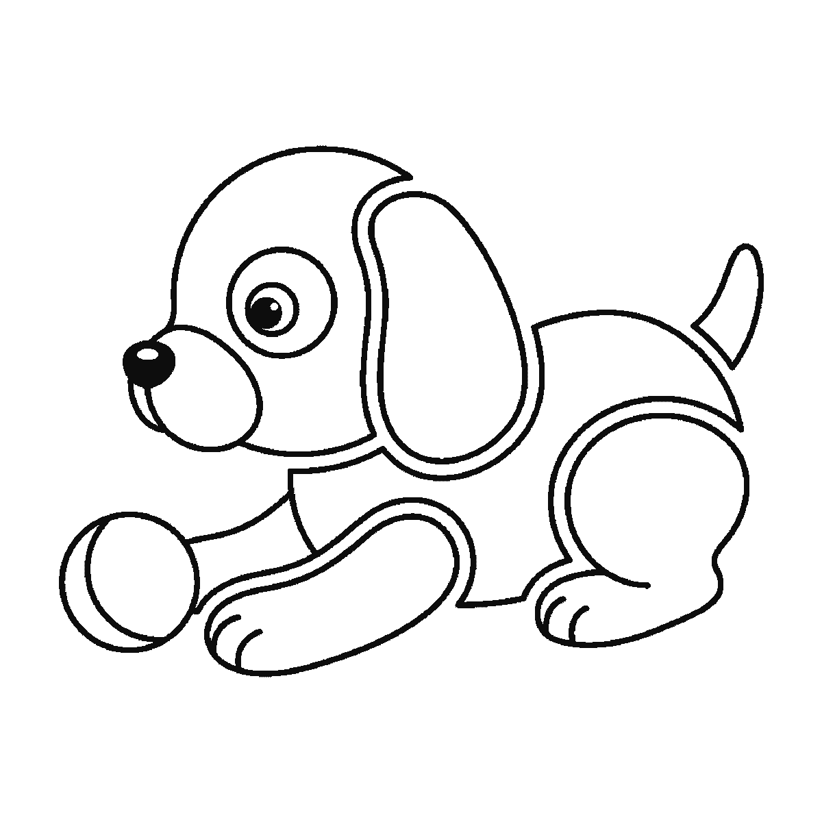 Step 6 of 6: Step-by-step drawing sheet: a round puppy lying down side-on with a ball, built up over six frames from the back and haunch to the head, the floppy ear and the stretched front paw, with the nose, eye and tail last, black outlines on white