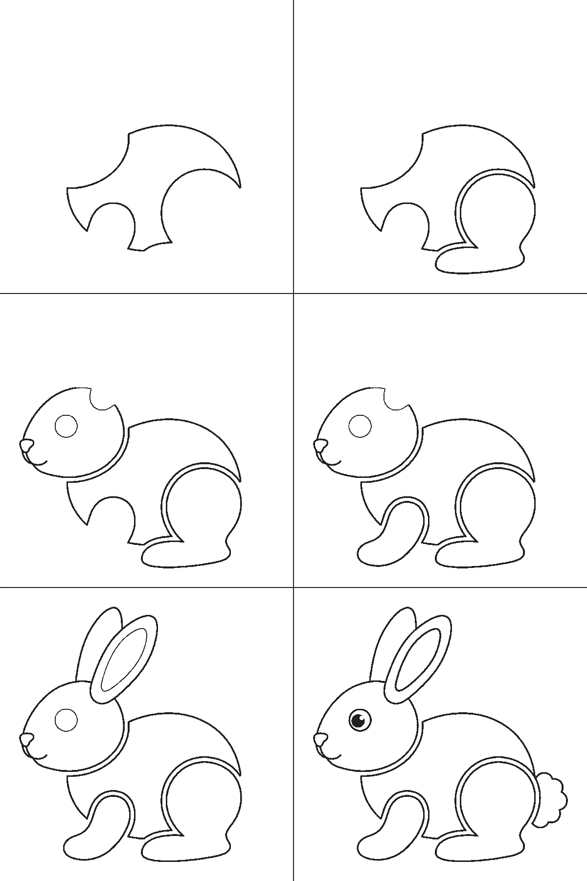Step-by-step drawing sheet: a rabbit sitting in profile, built up over six frames from the body to the folded hind leg, the head, the front paw, and the two long ears and round tail last, black outlines on white