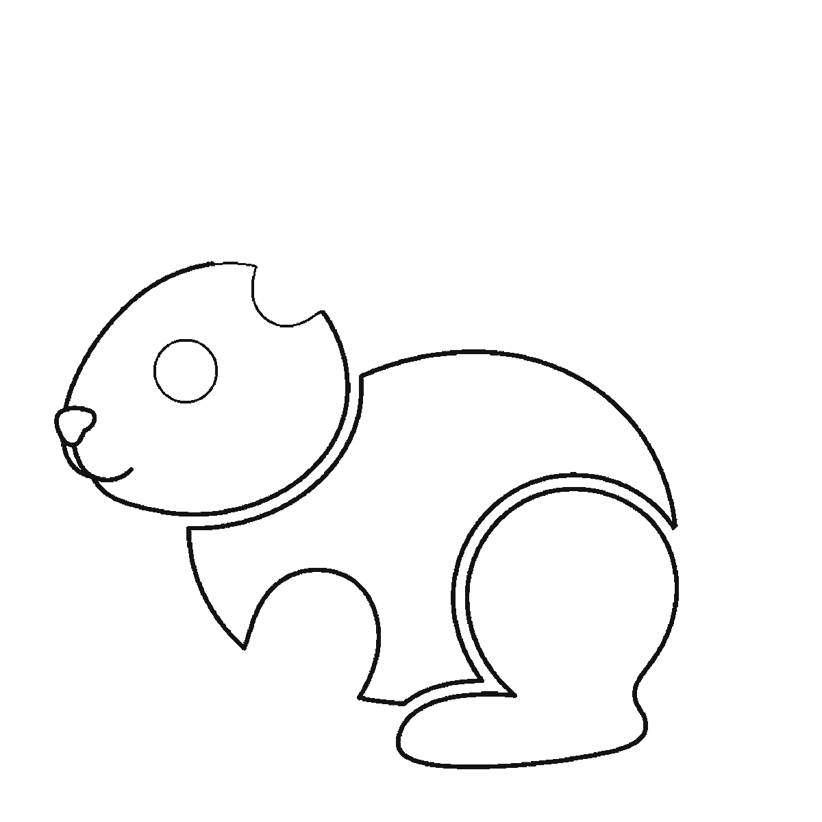 Step 3 of 6: Step-by-step drawing sheet: a rabbit sitting in profile, built up over six frames from the body to the folded hind leg, the head, the front paw, and the two long ears and round tail last, black outlines on white