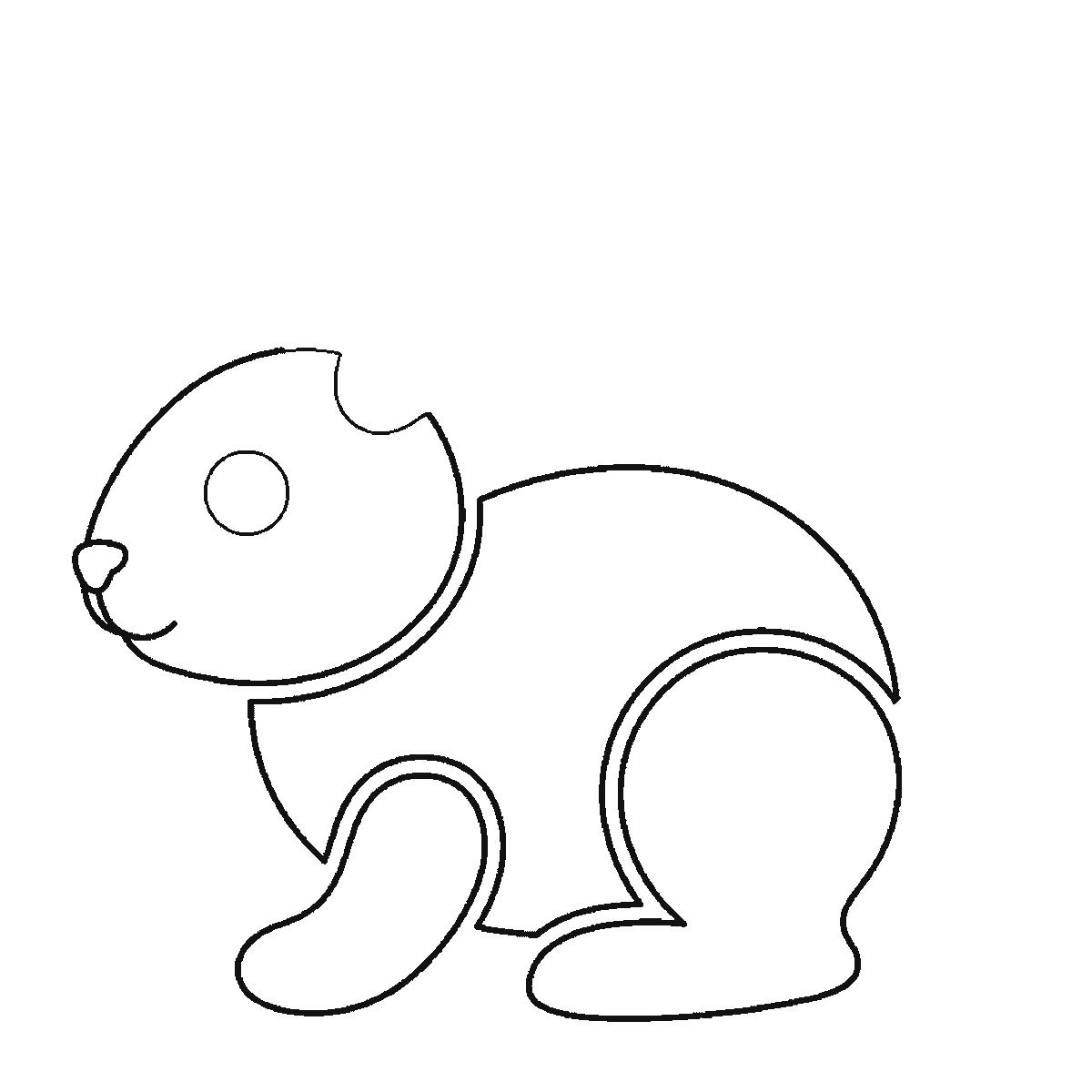 Step 4 of 6: Step-by-step drawing sheet: a rabbit sitting in profile, built up over six frames from the body to the folded hind leg, the head, the front paw, and the two long ears and round tail last, black outlines on white