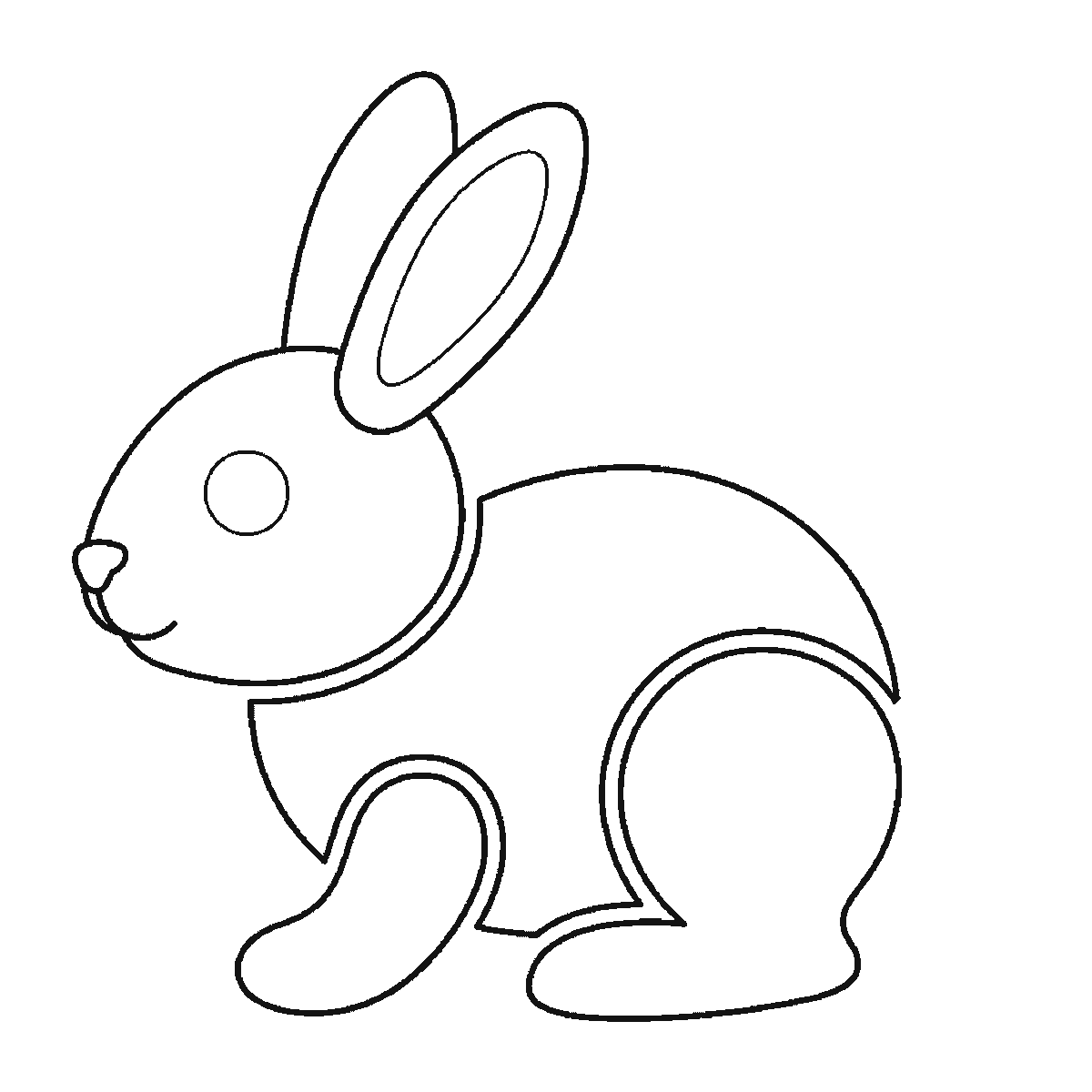 Step 5 of 6: Step-by-step drawing sheet: a rabbit sitting in profile, built up over six frames from the body to the folded hind leg, the head, the front paw, and the two long ears and round tail last, black outlines on white