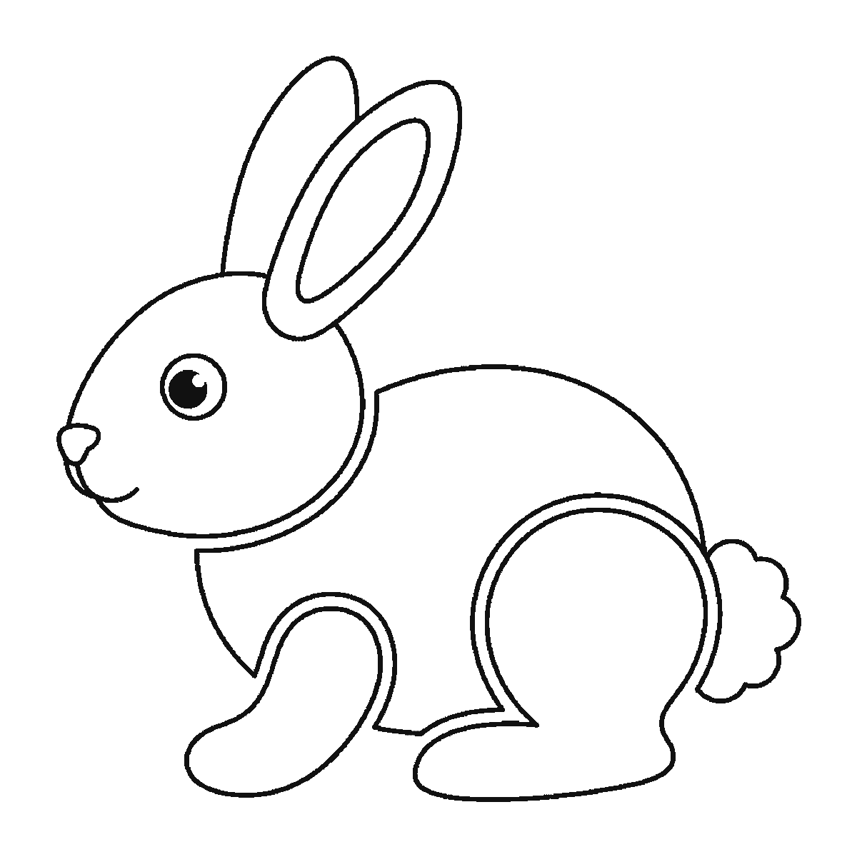 Step 6 of 6: Step-by-step drawing sheet: a rabbit sitting in profile, built up over six frames from the body to the folded hind leg, the head, the front paw, and the two long ears and round tail last, black outlines on white