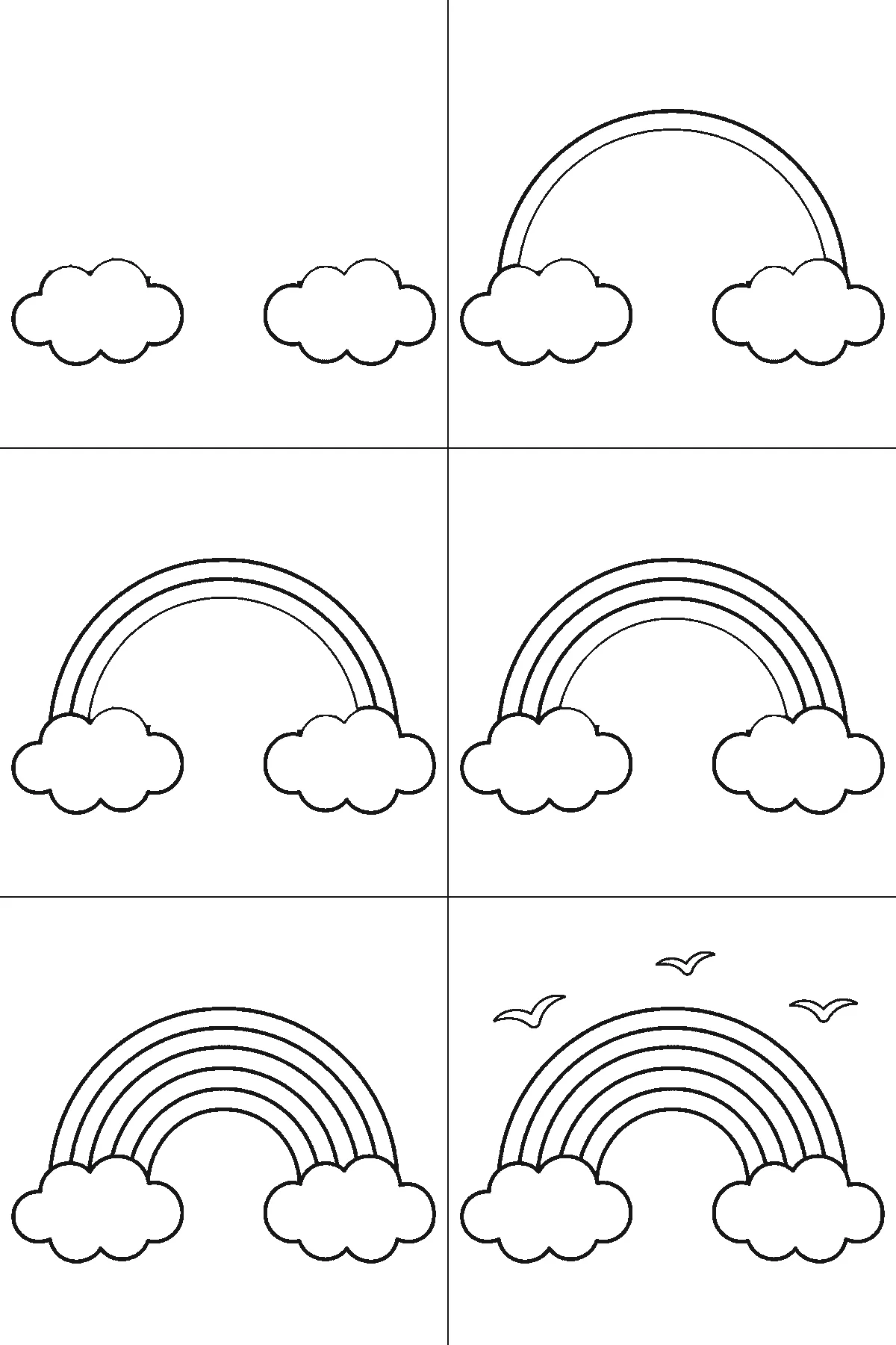 Step-by-step drawing sheet: a five-band rainbow arc with a rounded cloud at each end and three gull silhouettes in the sky above, built up over six frames from the two clouds to the bands working inwards, and the birds last, black outlines on white