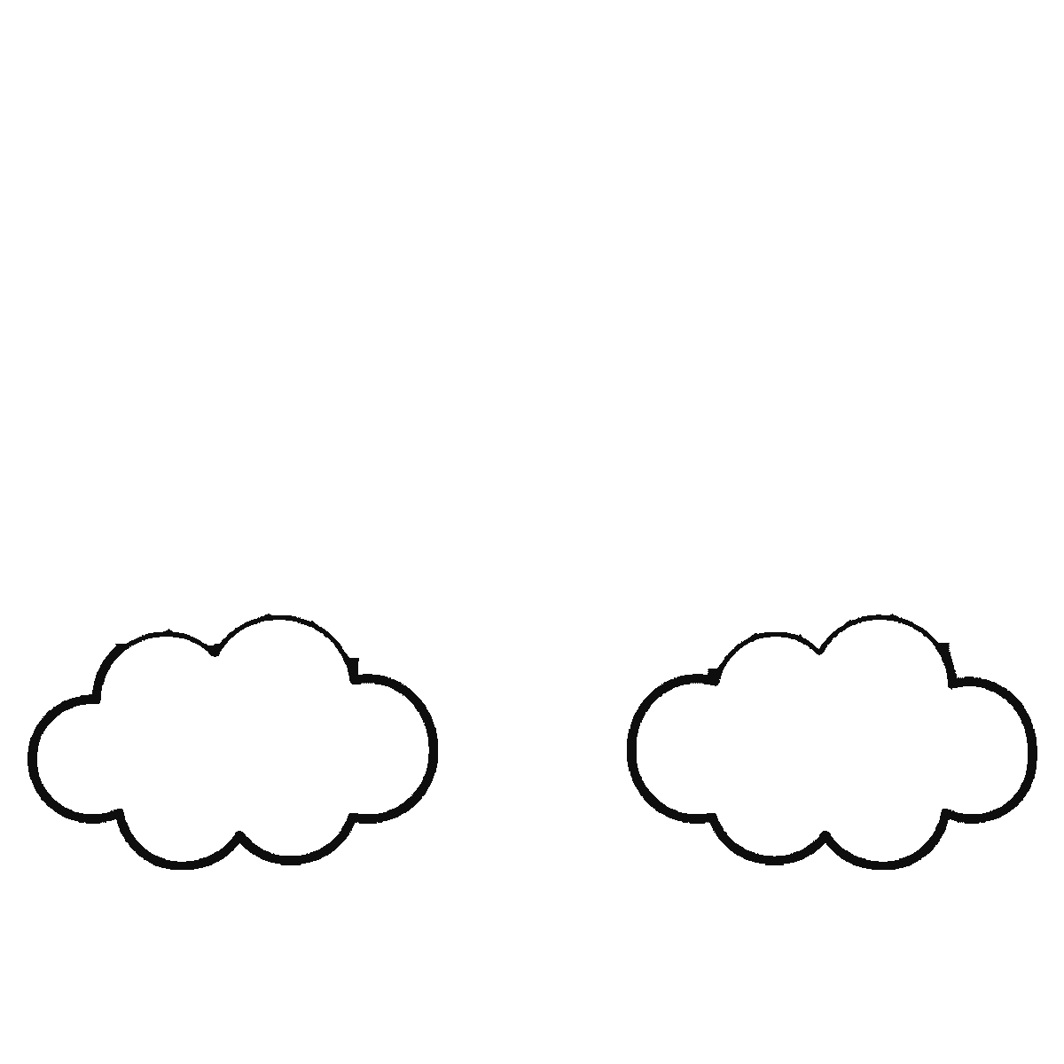 Step 1 of 6: Step-by-step drawing sheet: a five-band rainbow arc with a rounded cloud at each end and three gull silhouettes in the sky above, built up over six frames from the two clouds to the bands working inwards, and the birds last, black outlines on white