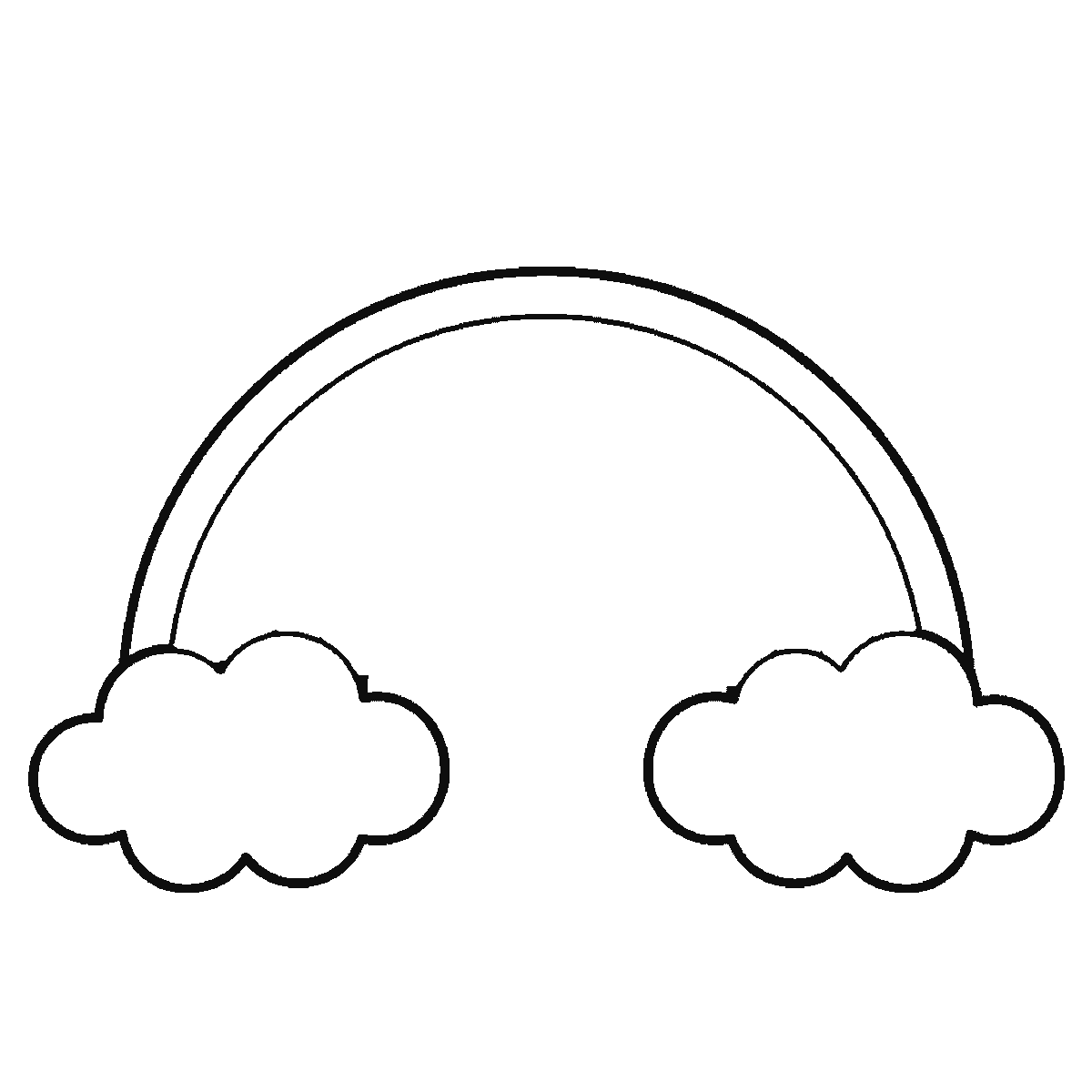 Step 2 of 6: Step-by-step drawing sheet: a five-band rainbow arc with a rounded cloud at each end and three gull silhouettes in the sky above, built up over six frames from the two clouds to the bands working inwards, and the birds last, black outlines on white