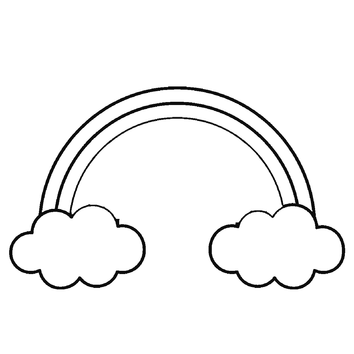 Step 3 of 6: Step-by-step drawing sheet: a five-band rainbow arc with a rounded cloud at each end and three gull silhouettes in the sky above, built up over six frames from the two clouds to the bands working inwards, and the birds last, black outlines on white