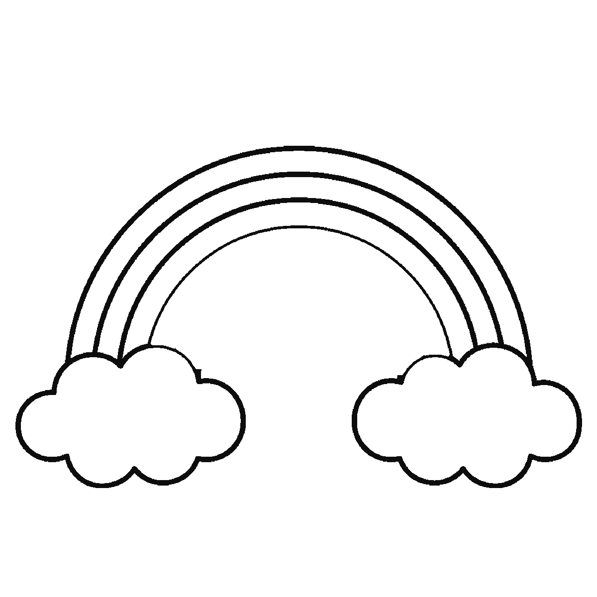 Step 4 of 6: Step-by-step drawing sheet: a five-band rainbow arc with a rounded cloud at each end and three gull silhouettes in the sky above, built up over six frames from the two clouds to the bands working inwards, and the birds last, black outlines on white
