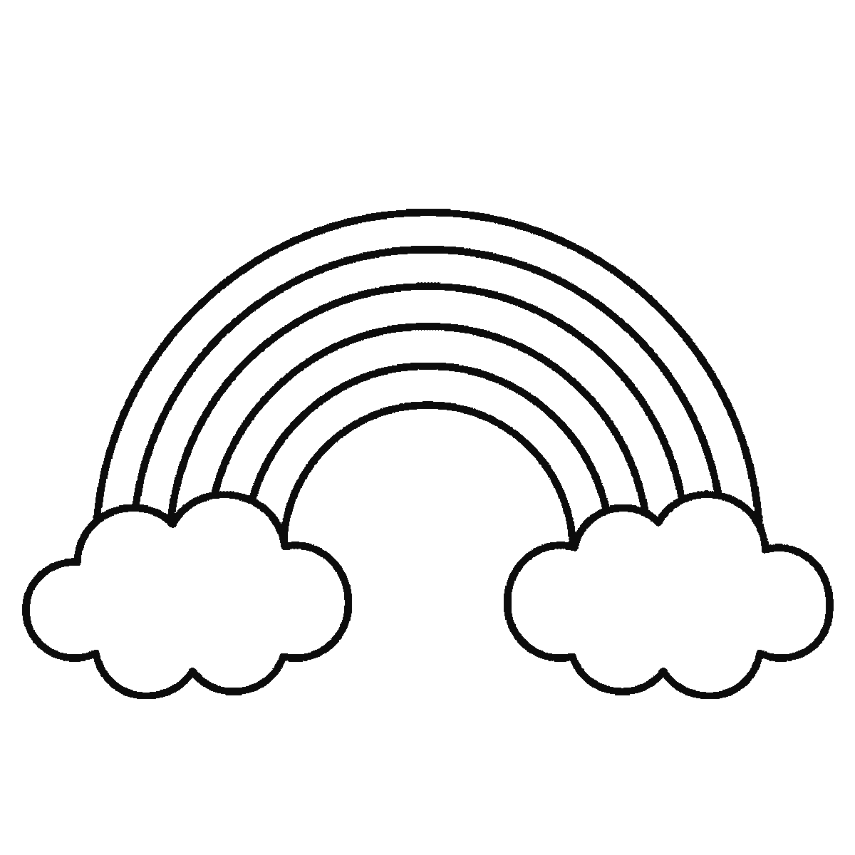 Step 5 of 6: Step-by-step drawing sheet: a five-band rainbow arc with a rounded cloud at each end and three gull silhouettes in the sky above, built up over six frames from the two clouds to the bands working inwards, and the birds last, black outlines on white