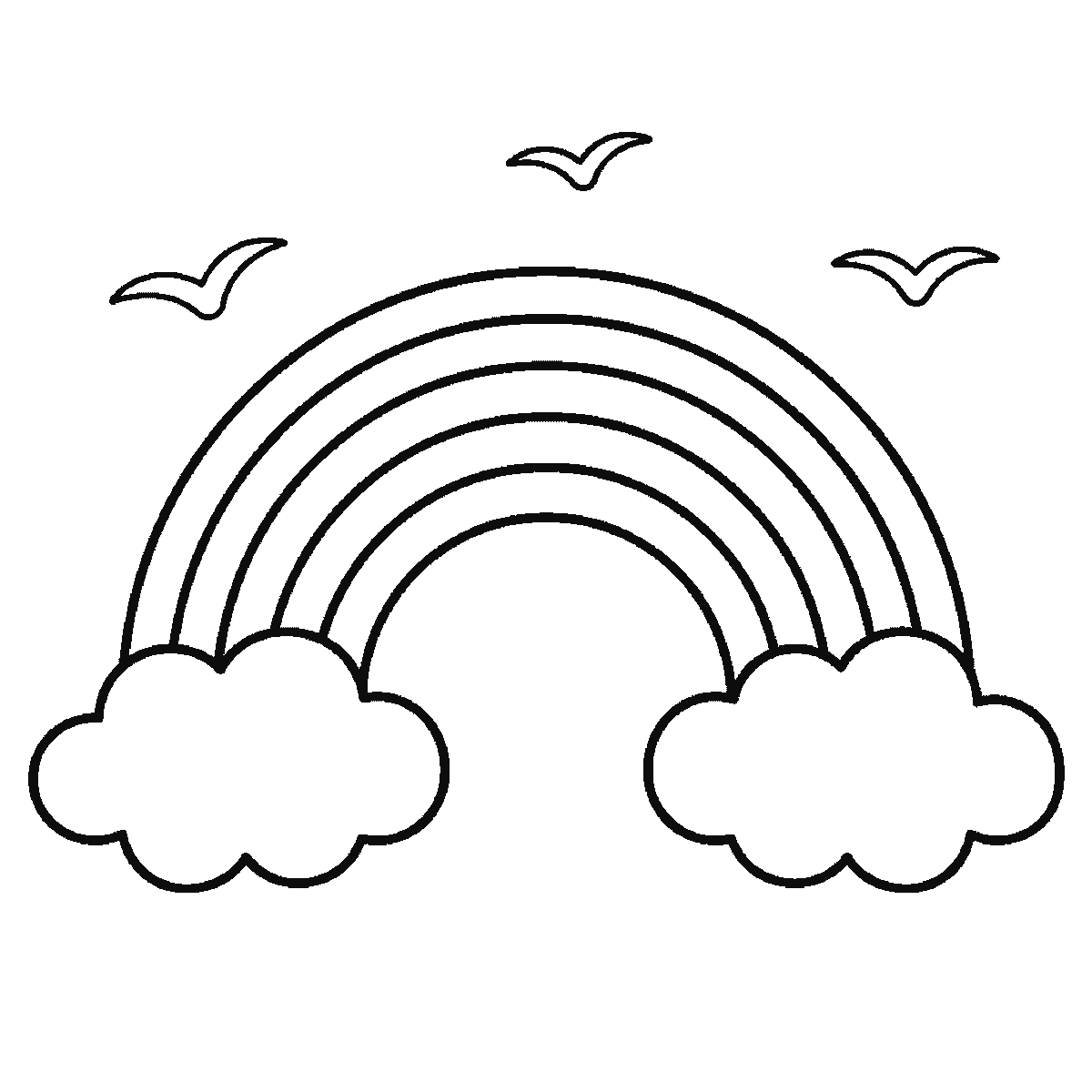 Step 6 of 6: Step-by-step drawing sheet: a five-band rainbow arc with a rounded cloud at each end and three gull silhouettes in the sky above, built up over six frames from the two clouds to the bands working inwards, and the birds last, black outlines on white