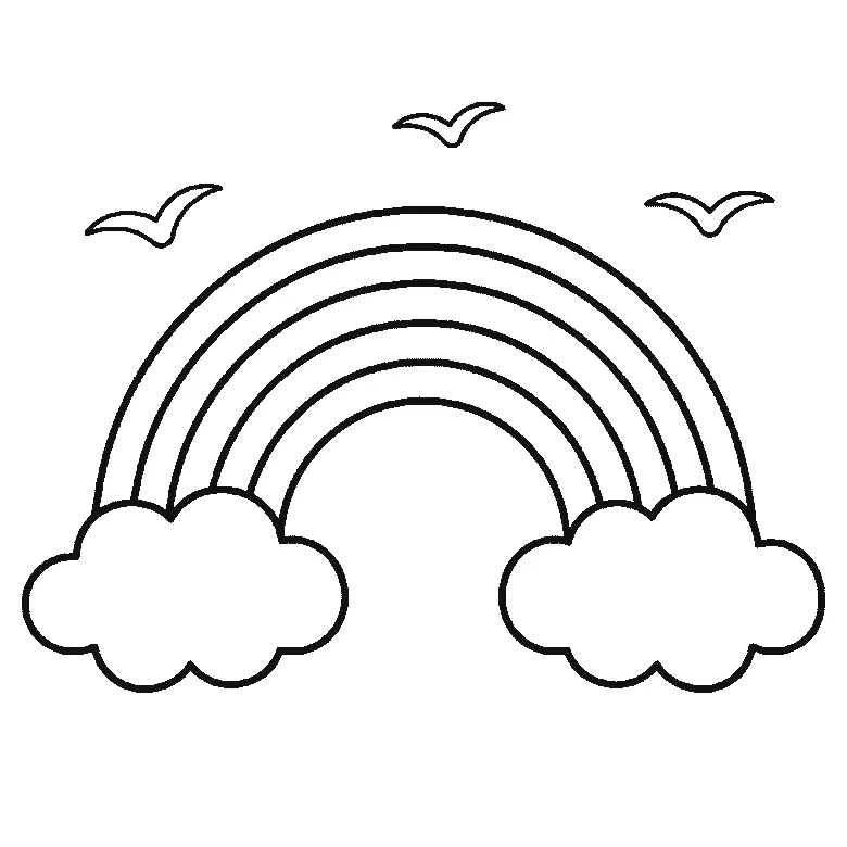Step-by-step drawing sheet: a five-band rainbow arc with a rounded cloud at each end and three gull silhouettes in the sky above, built up over six frames from the two clouds to the bands working inwards, and the birds last, black outlines on white