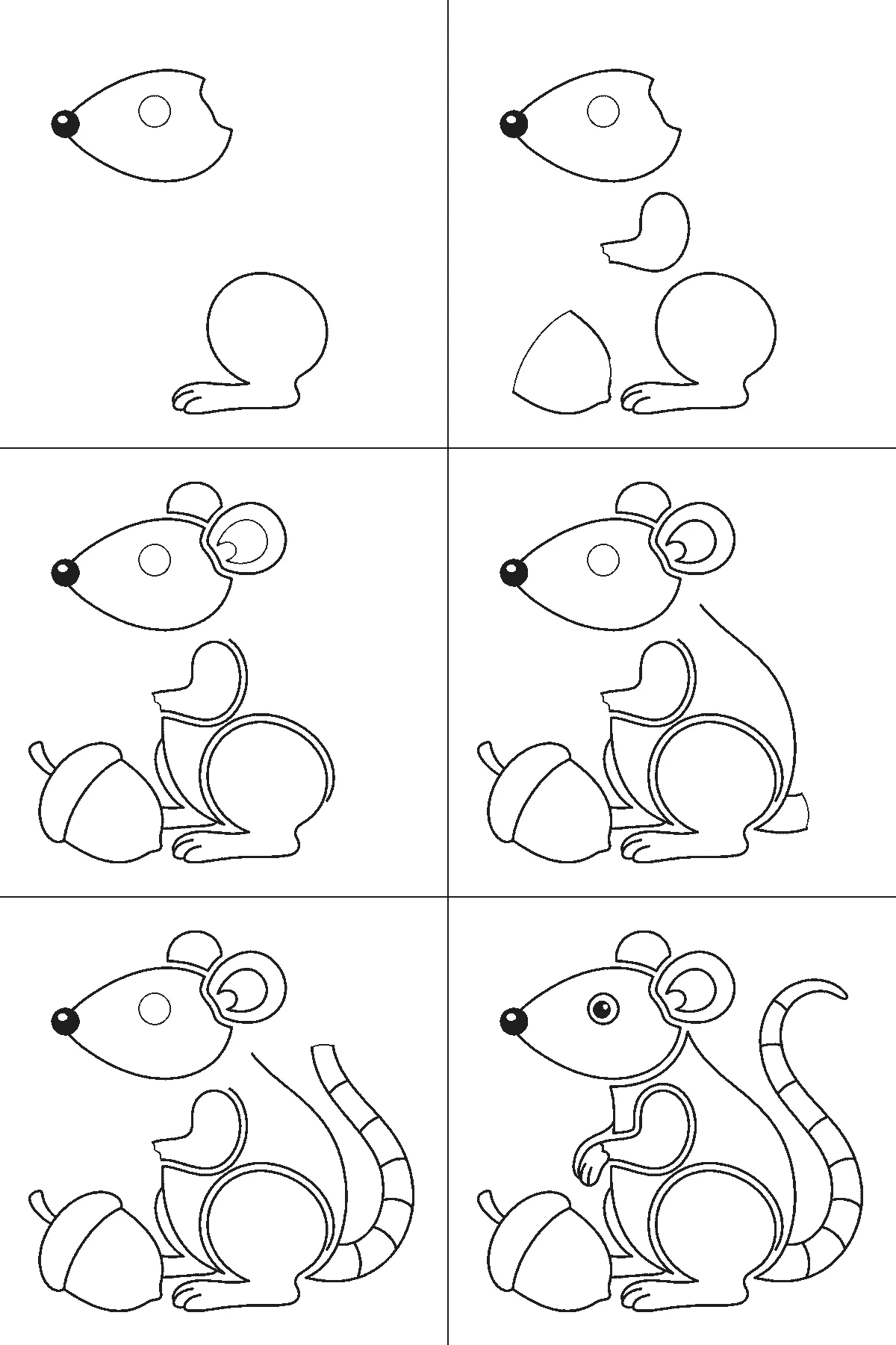 Step-by-step drawing sheet: a rat sitting up beside an acorn, built up over six frames from the head with its filled nose and the round haunch to the acorn and the front leg, then the ear and the back, with the long banded tail and the filled eye last, black outlines on white