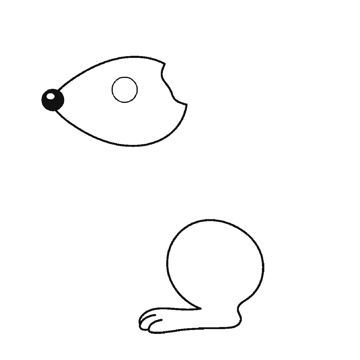 Step 1 of 6: Step-by-step drawing sheet: a rat sitting up beside an acorn, built up over six frames from the head with its filled nose and the round haunch to the acorn and the front leg, then the ear and the back, with the long banded tail and the filled eye last, black outlines on white