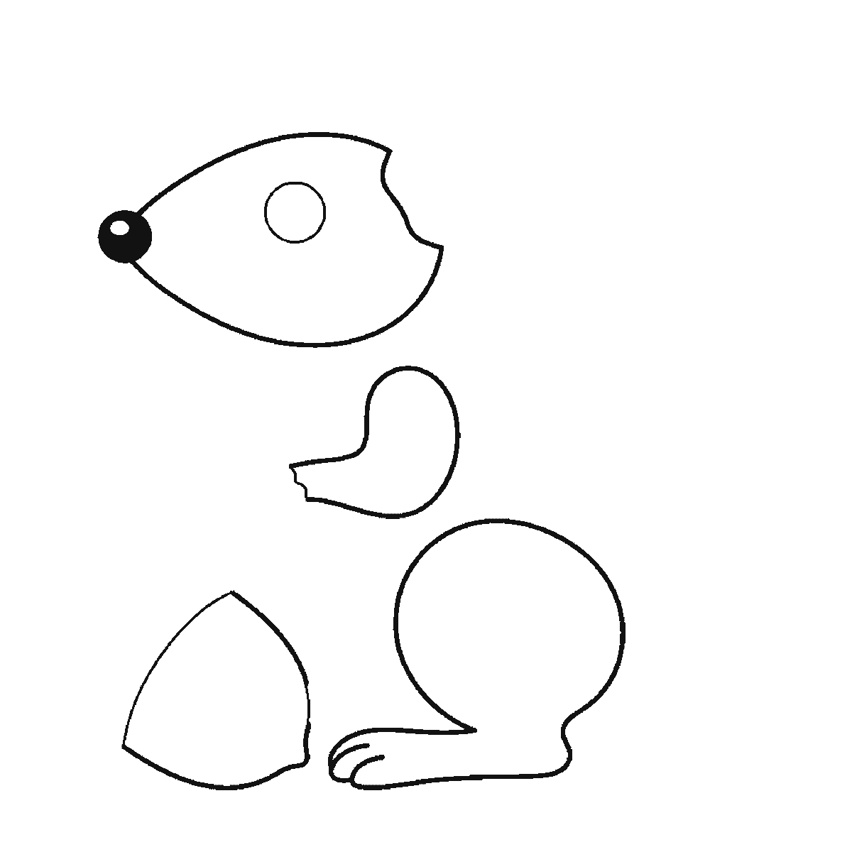 Step 2 of 6: Step-by-step drawing sheet: a rat sitting up beside an acorn, built up over six frames from the head with its filled nose and the round haunch to the acorn and the front leg, then the ear and the back, with the long banded tail and the filled eye last, black outlines on white