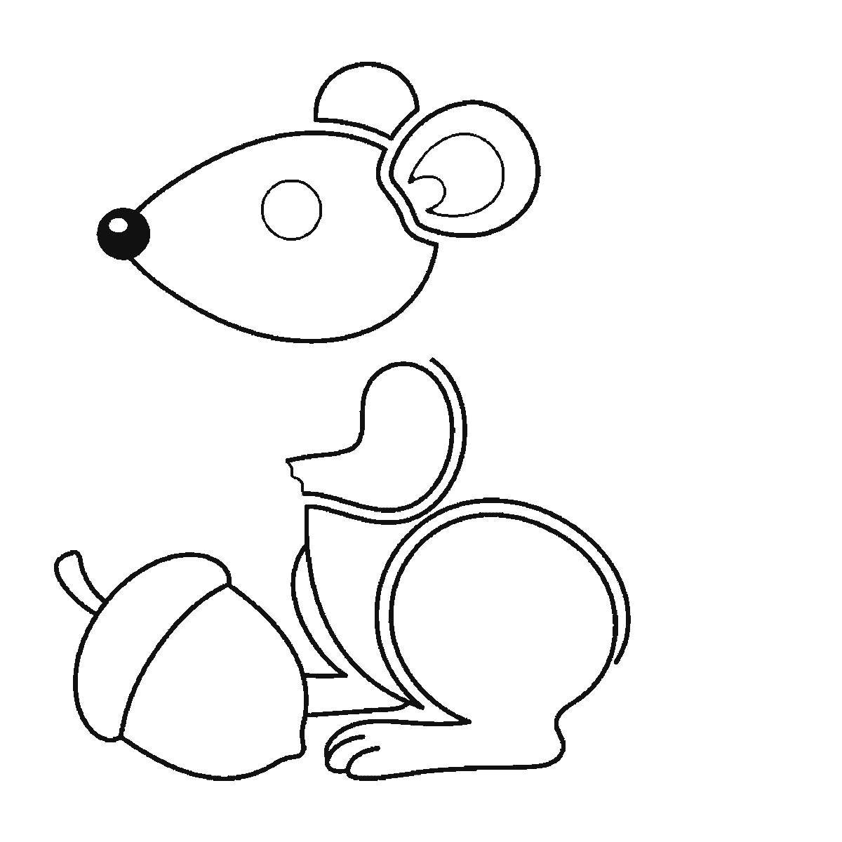 Step 3 of 6: Step-by-step drawing sheet: a rat sitting up beside an acorn, built up over six frames from the head with its filled nose and the round haunch to the acorn and the front leg, then the ear and the back, with the long banded tail and the filled eye last, black outlines on white