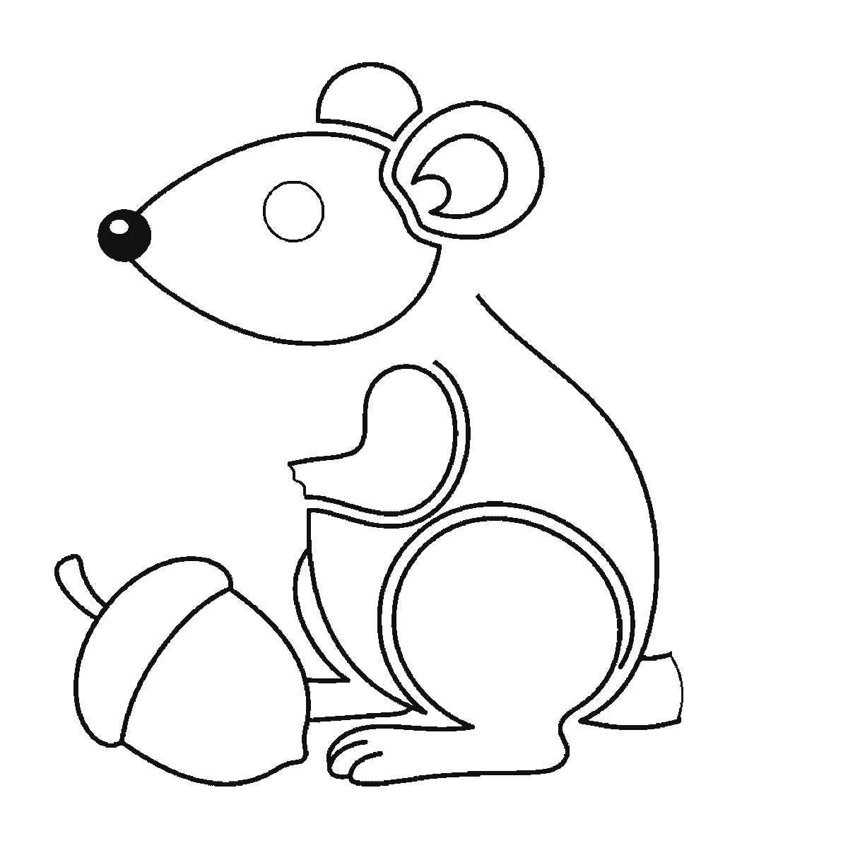 Step 4 of 6: Step-by-step drawing sheet: a rat sitting up beside an acorn, built up over six frames from the head with its filled nose and the round haunch to the acorn and the front leg, then the ear and the back, with the long banded tail and the filled eye last, black outlines on white