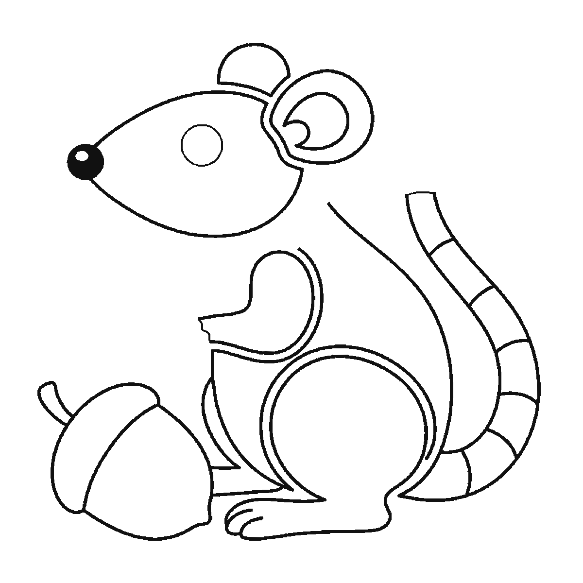 Step 5 of 6: Step-by-step drawing sheet: a rat sitting up beside an acorn, built up over six frames from the head with its filled nose and the round haunch to the acorn and the front leg, then the ear and the back, with the long banded tail and the filled eye last, black outlines on white