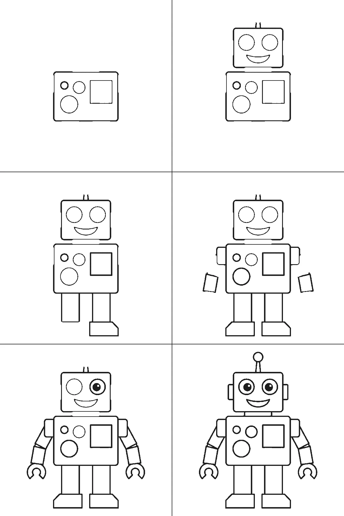 Step-by-step drawing sheet: a boxy robot standing front-on, built up over six frames from the panelled body to the head and face, then the legs and broad feet, the segmented arms and claw hands, and the antenna last, black outlines on white