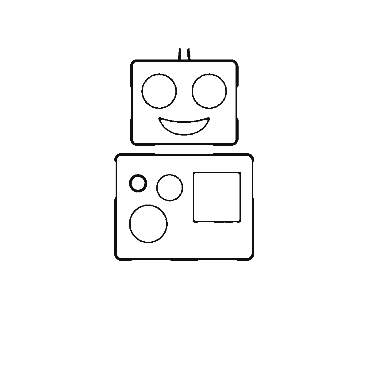 Step 2 of 6: Step-by-step drawing sheet: a boxy robot standing front-on, built up over six frames from the panelled body to the head and face, then the legs and broad feet, the segmented arms and claw hands, and the antenna last, black outlines on white
