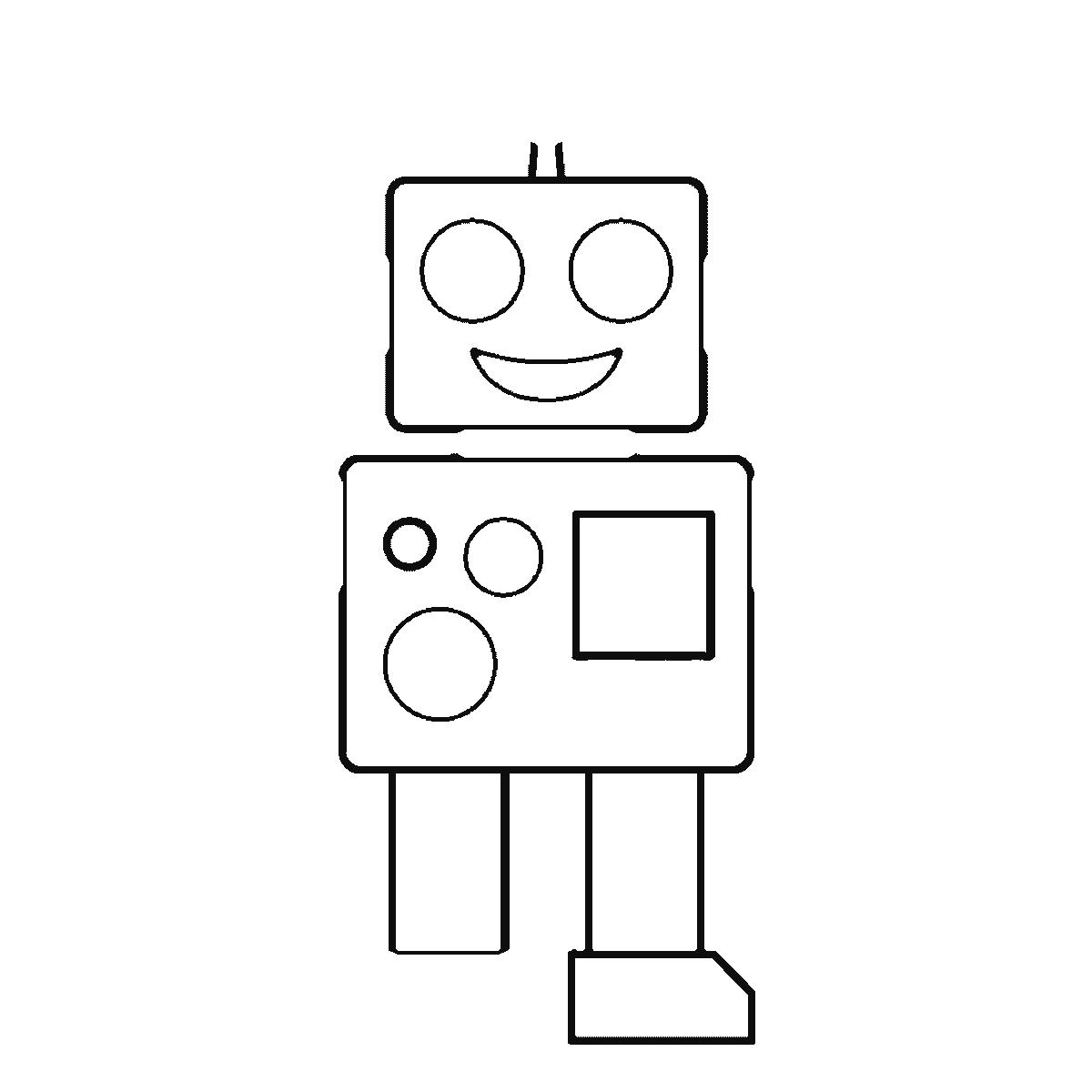 Step 3 of 6: Step-by-step drawing sheet: a boxy robot standing front-on, built up over six frames from the panelled body to the head and face, then the legs and broad feet, the segmented arms and claw hands, and the antenna last, black outlines on white
