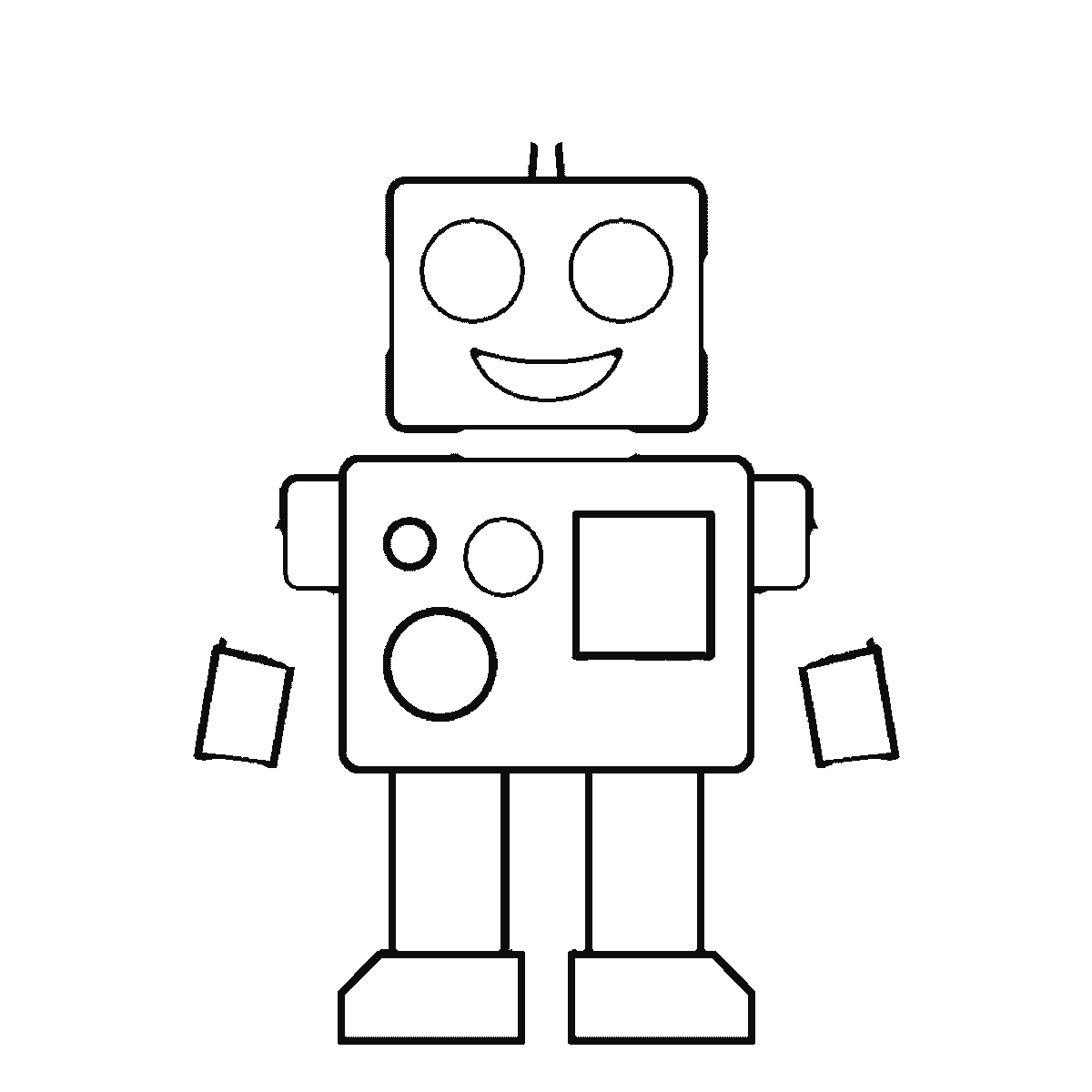 Step 4 of 6: Step-by-step drawing sheet: a boxy robot standing front-on, built up over six frames from the panelled body to the head and face, then the legs and broad feet, the segmented arms and claw hands, and the antenna last, black outlines on white