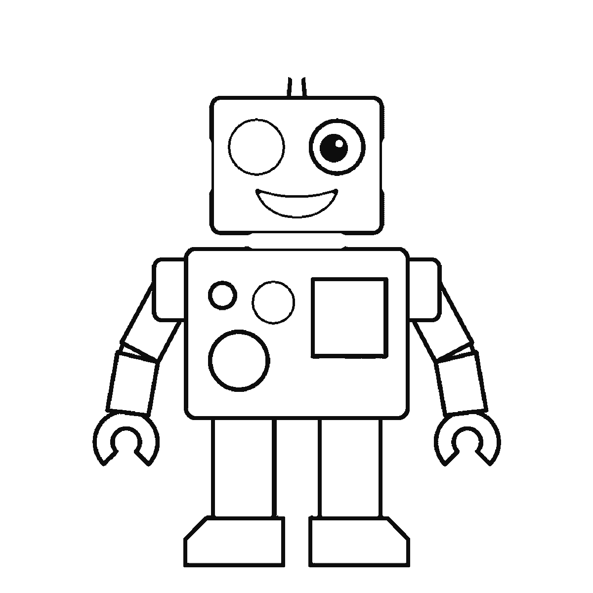 Step 5 of 6: Step-by-step drawing sheet: a boxy robot standing front-on, built up over six frames from the panelled body to the head and face, then the legs and broad feet, the segmented arms and claw hands, and the antenna last, black outlines on white