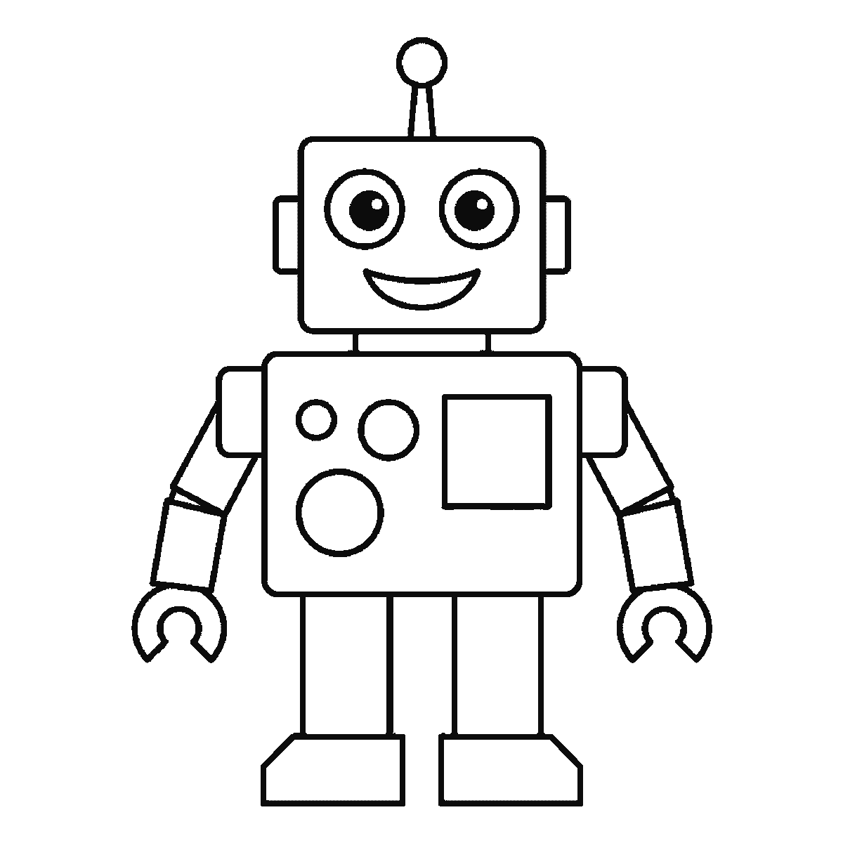 Step 6 of 6: Step-by-step drawing sheet: a boxy robot standing front-on, built up over six frames from the panelled body to the head and face, then the legs and broad feet, the segmented arms and claw hands, and the antenna last, black outlines on white