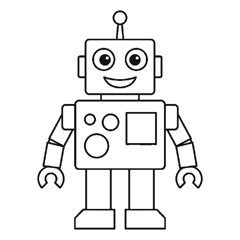 Step-by-step drawing sheet: a boxy robot standing front-on, built up over six frames from the panelled body to the head and face, then the legs and broad feet, the segmented arms and claw hands, and the antenna last, black outlines on white