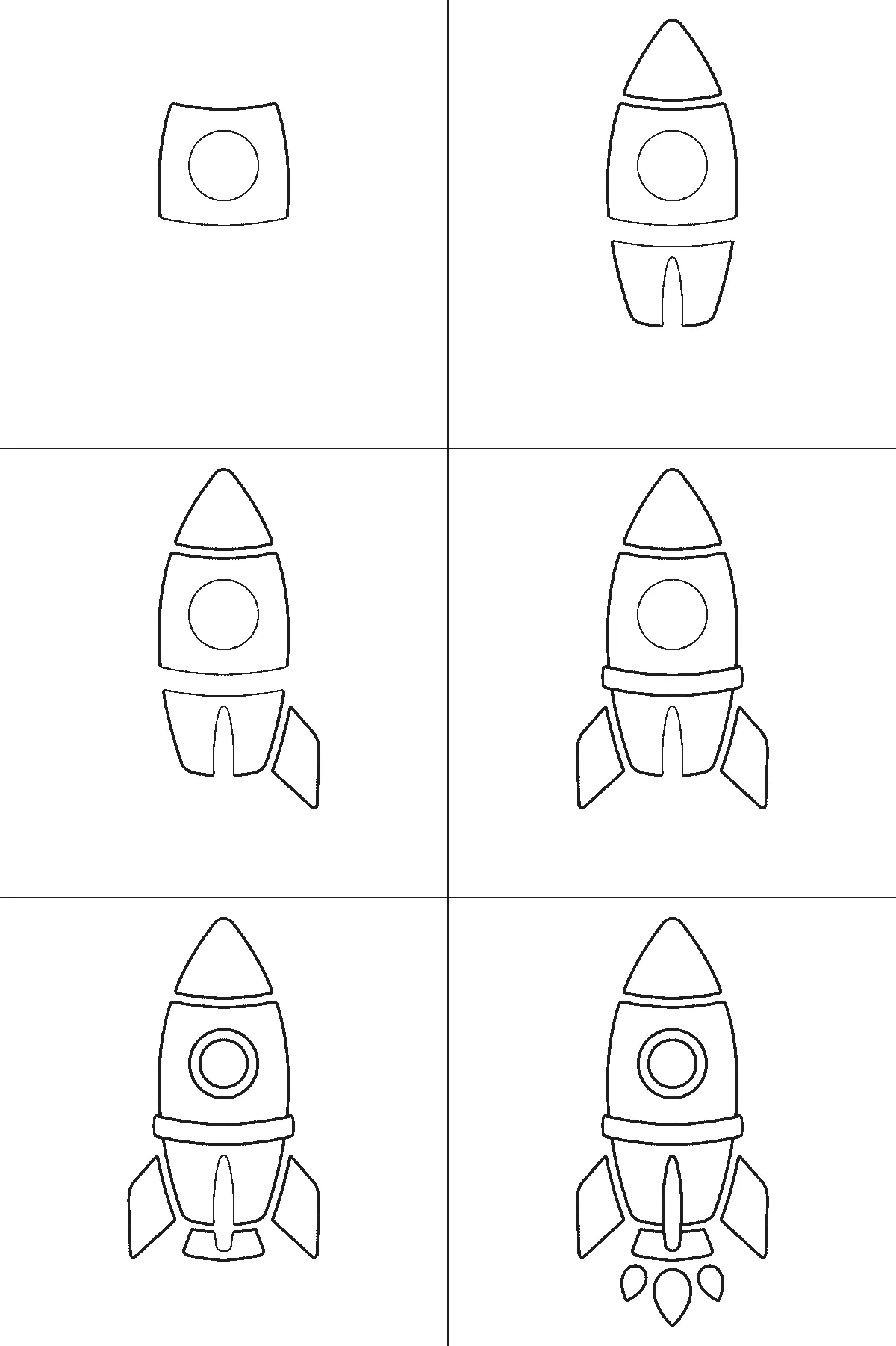 Step-by-step drawing sheet: a cartoon rocket standing upright, built up over six frames from the upper body panel and the porthole circle to the nose cone and lower body, then the two fins one at a time, with the porthole ring, the engine nozzle and three flames last, black outlines on white
