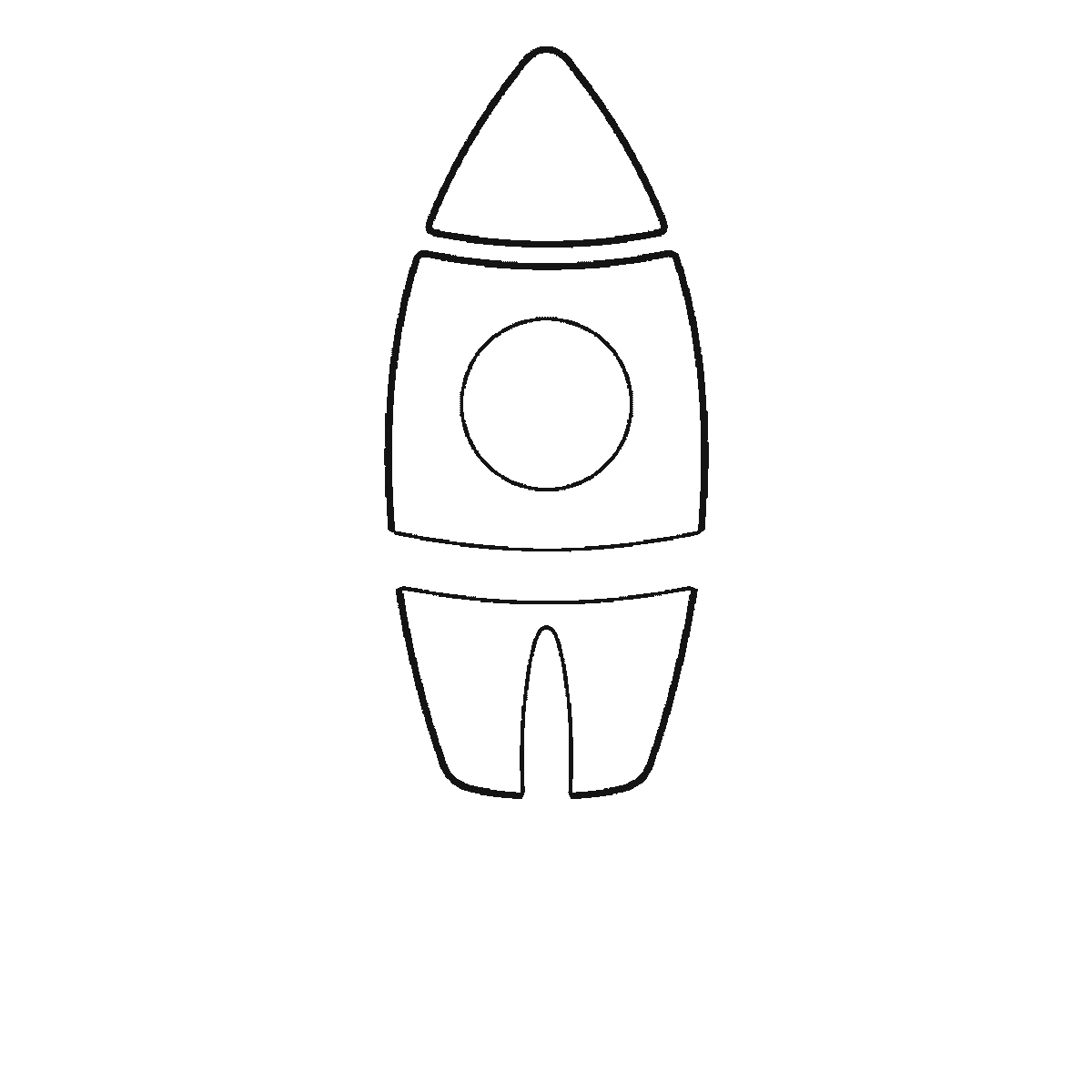 Step 2 of 6: Step-by-step drawing sheet: a cartoon rocket standing upright, built up over six frames from the upper body panel and the porthole circle to the nose cone and lower body, then the two fins one at a time, with the porthole ring, the engine nozzle and three flames last, black outlines on white