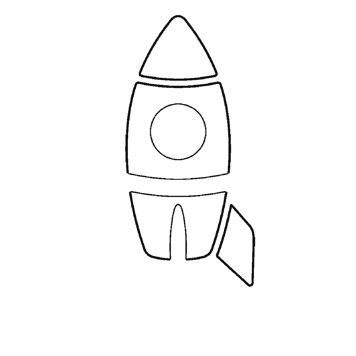 Step 3 of 6: Step-by-step drawing sheet: a cartoon rocket standing upright, built up over six frames from the upper body panel and the porthole circle to the nose cone and lower body, then the two fins one at a time, with the porthole ring, the engine nozzle and three flames last, black outlines on white