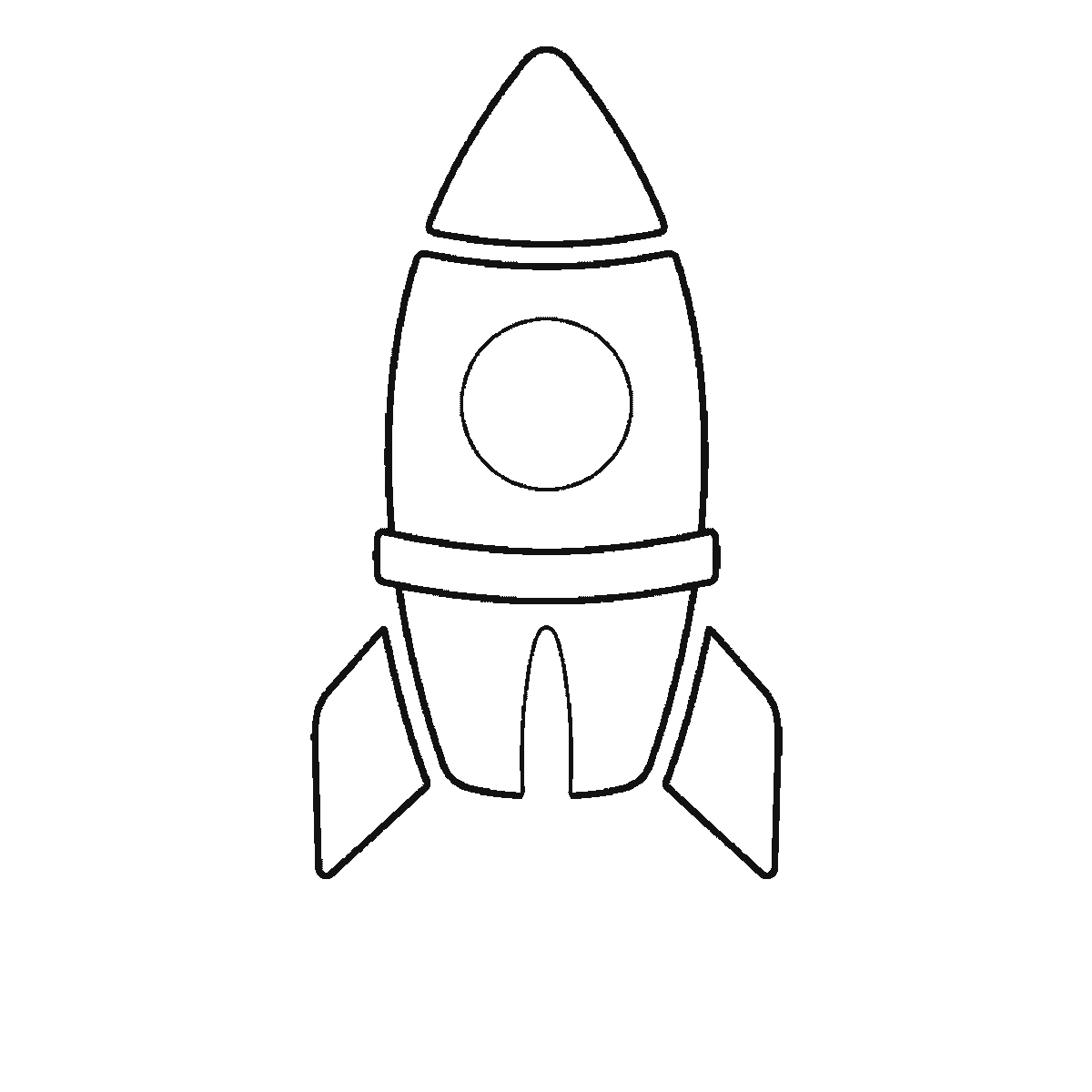 Step 4 of 6: Step-by-step drawing sheet: a cartoon rocket standing upright, built up over six frames from the upper body panel and the porthole circle to the nose cone and lower body, then the two fins one at a time, with the porthole ring, the engine nozzle and three flames last, black outlines on white