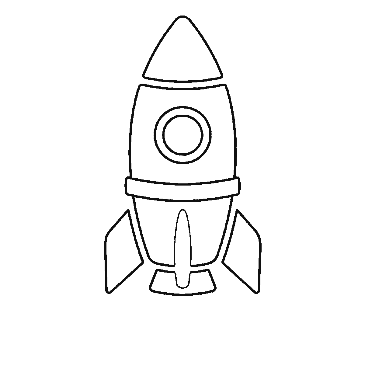 Step 5 of 6: Step-by-step drawing sheet: a cartoon rocket standing upright, built up over six frames from the upper body panel and the porthole circle to the nose cone and lower body, then the two fins one at a time, with the porthole ring, the engine nozzle and three flames last, black outlines on white
