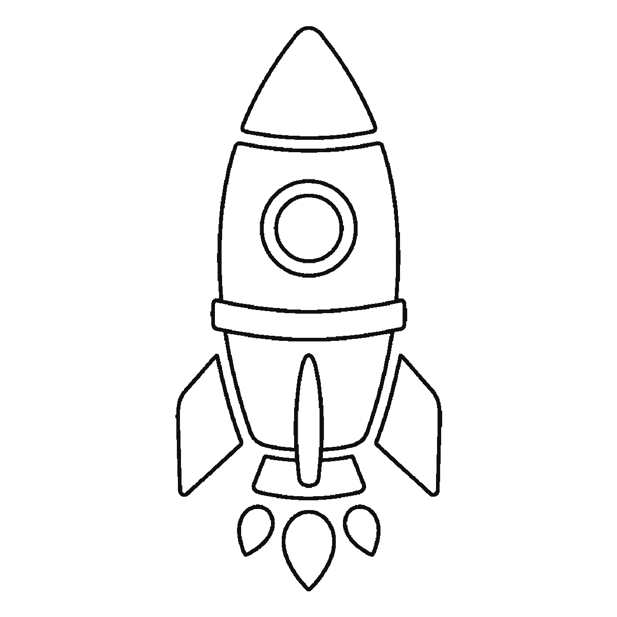 Step 6 of 6: Step-by-step drawing sheet: a cartoon rocket standing upright, built up over six frames from the upper body panel and the porthole circle to the nose cone and lower body, then the two fins one at a time, with the porthole ring, the engine nozzle and three flames last, black outlines on white