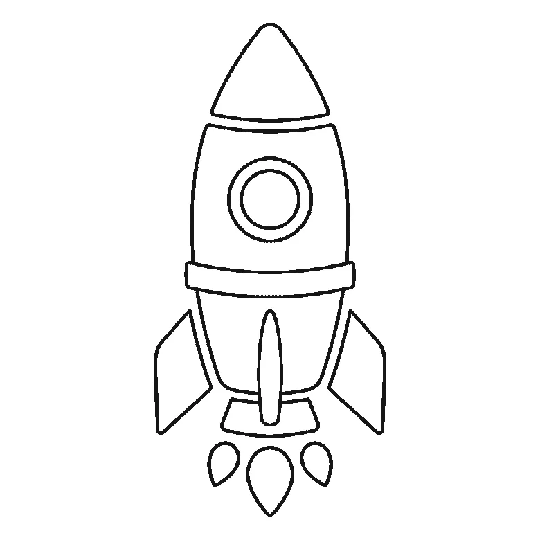 Step-by-step drawing sheet: a cartoon rocket standing upright, built up over six frames from the upper body panel and the porthole circle to the nose cone and lower body, then the two fins one at a time, with the porthole ring, the engine nozzle and three flames last, black outlines on white