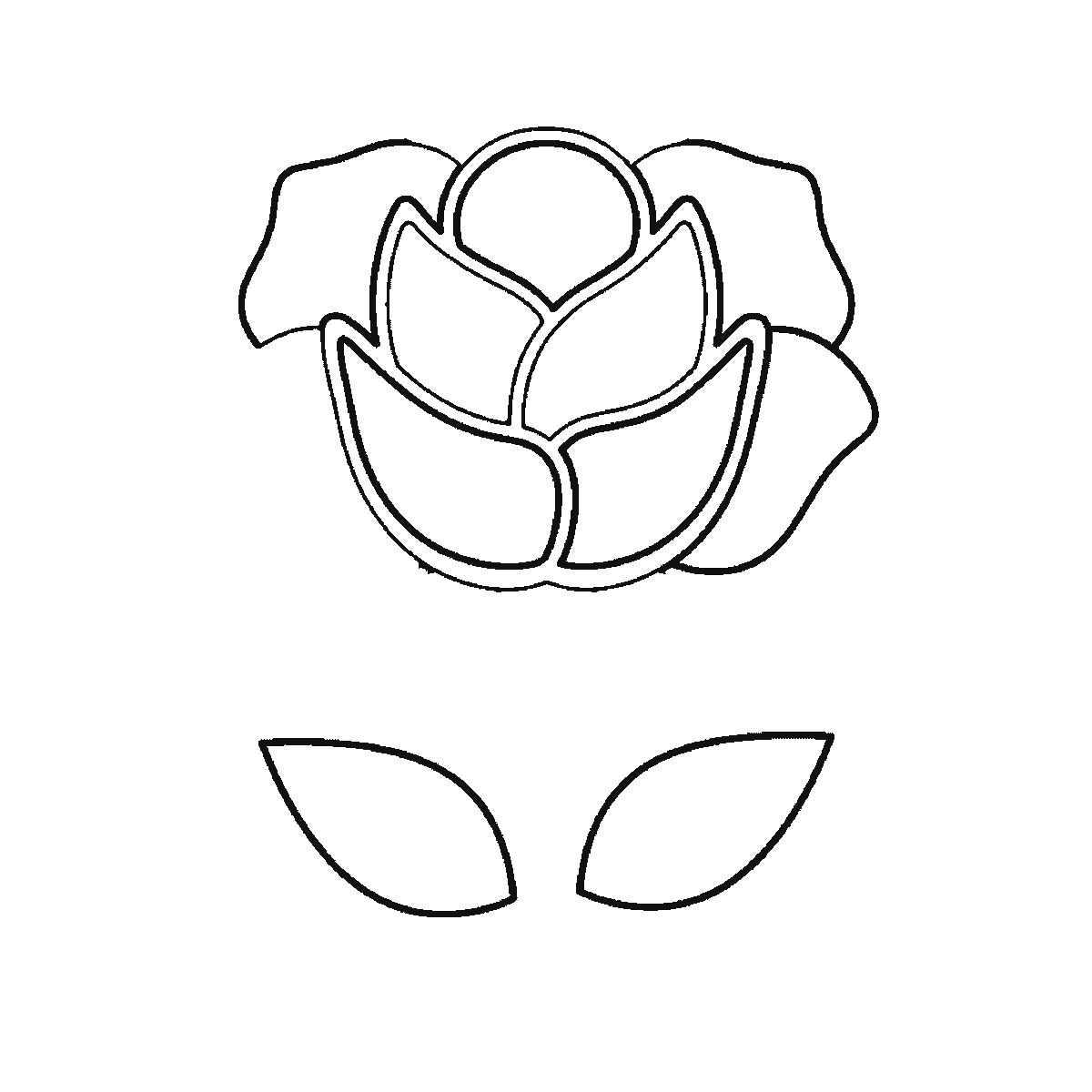 Step 4 of 6: Step-by-step drawing sheet: an open rose on a stem, built up over six frames from the centre cluster to the leaves, outer petals and stem, black outlines on white