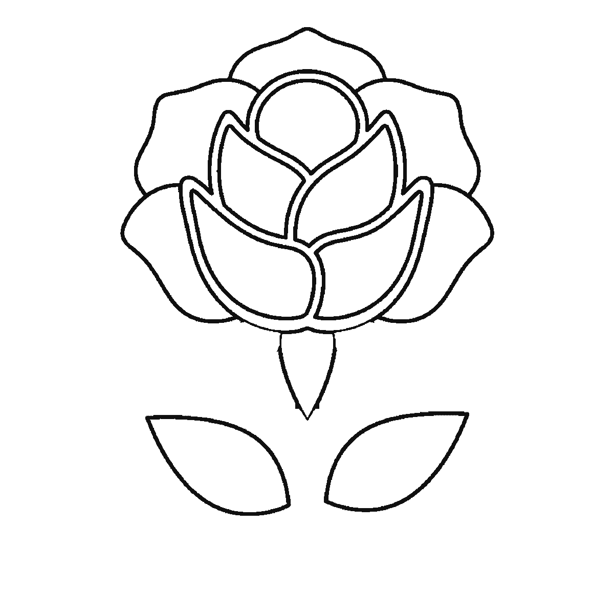 Step 5 of 6: Step-by-step drawing sheet: an open rose on a stem, built up over six frames from the centre cluster to the leaves, outer petals and stem, black outlines on white