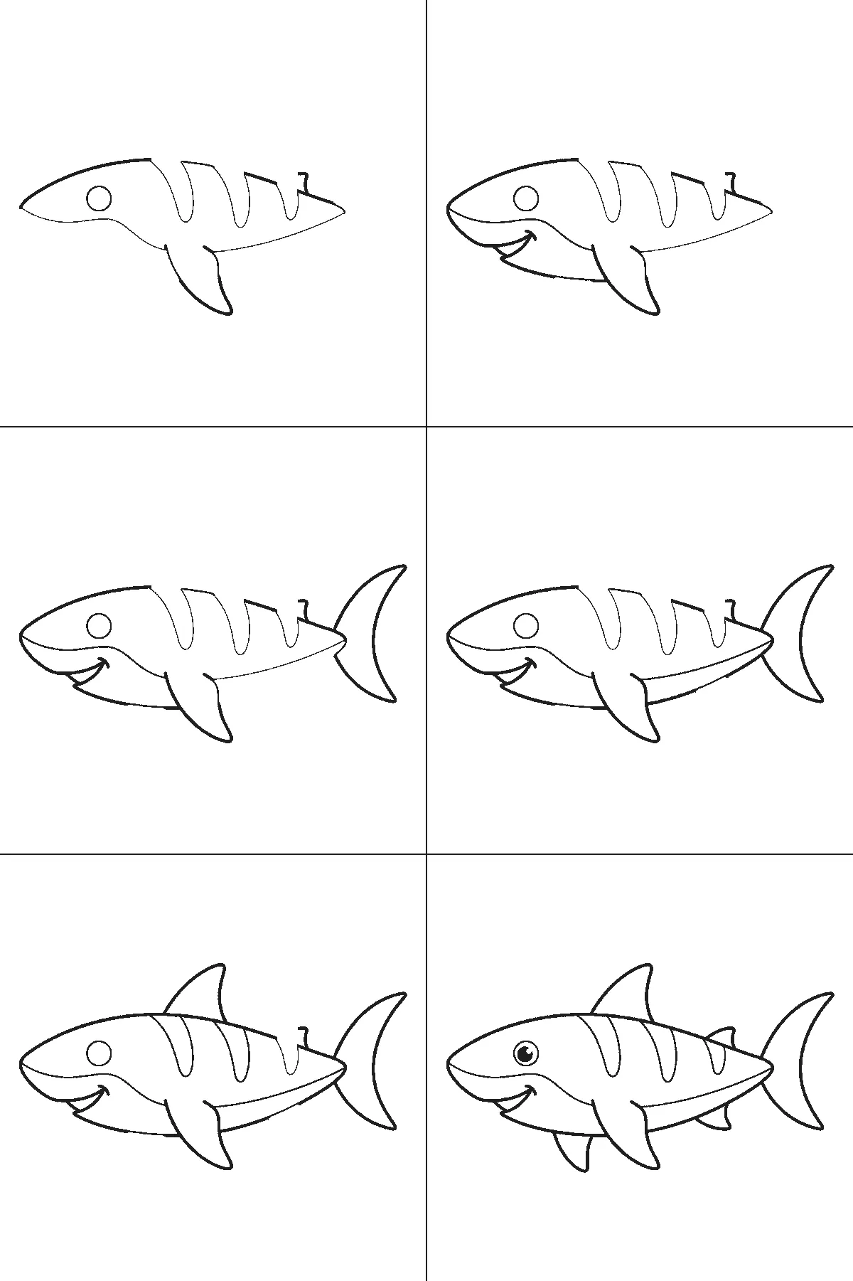 Step-by-step drawing sheet: a shark swimming in profile, built up over six frames from the body to the dorsal fin, side fins and crescent tail, black outlines on white