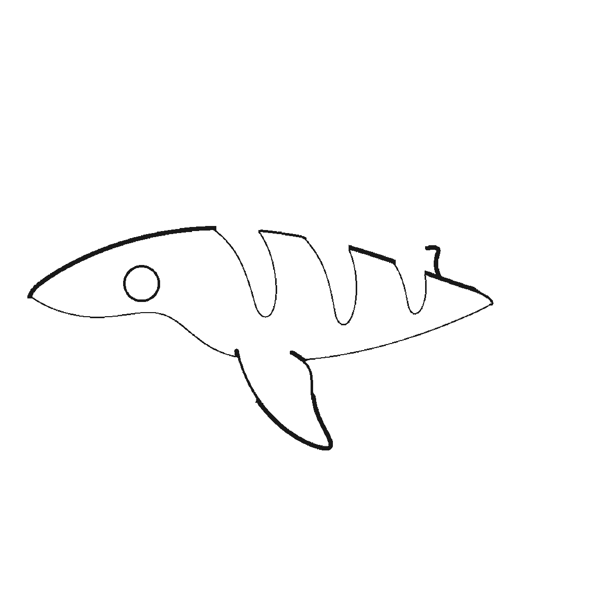Step 1 of 6: Step-by-step drawing sheet: a shark swimming in profile, built up over six frames from the body to the dorsal fin, side fins and crescent tail, black outlines on white