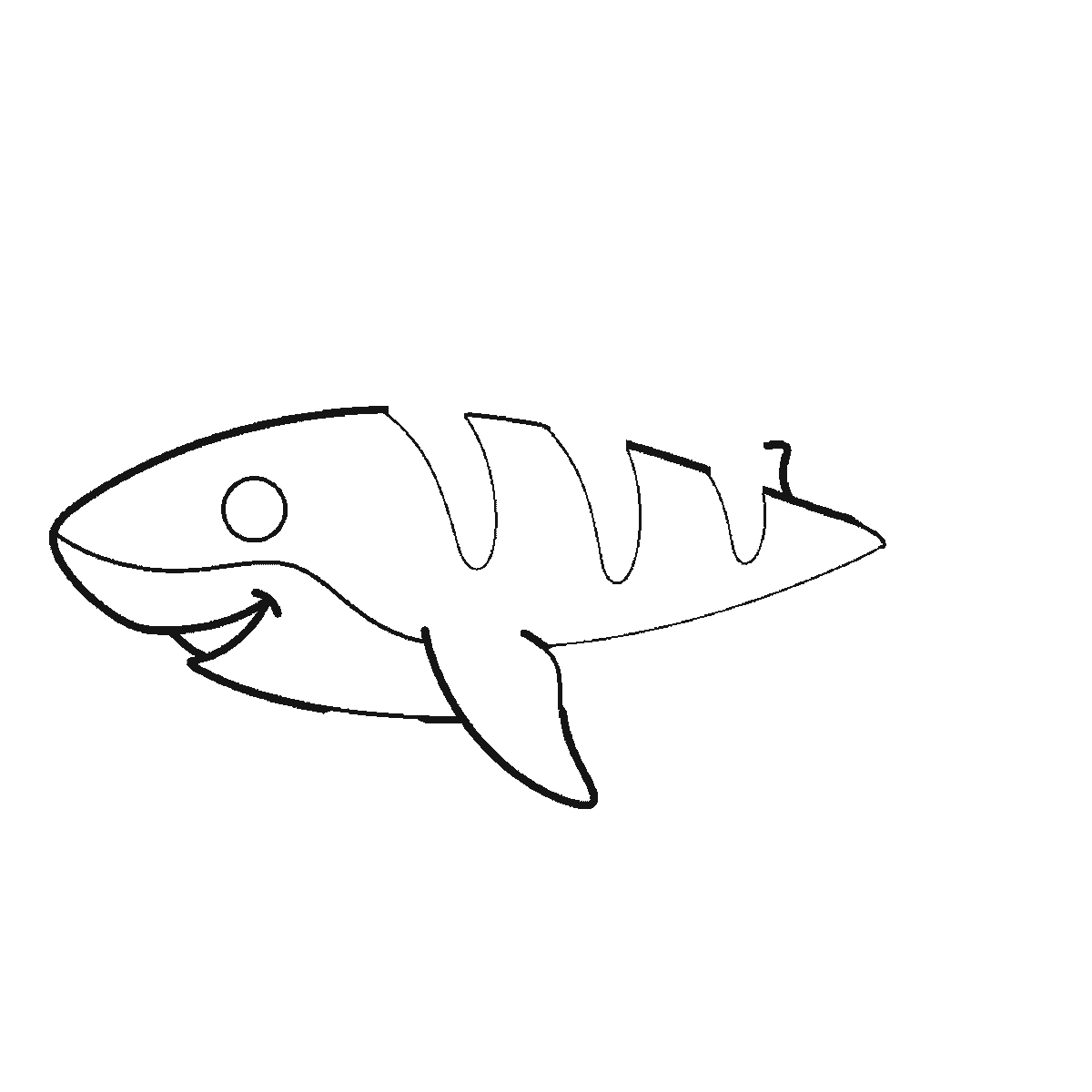 Step 2 of 6: Step-by-step drawing sheet: a shark swimming in profile, built up over six frames from the body to the dorsal fin, side fins and crescent tail, black outlines on white