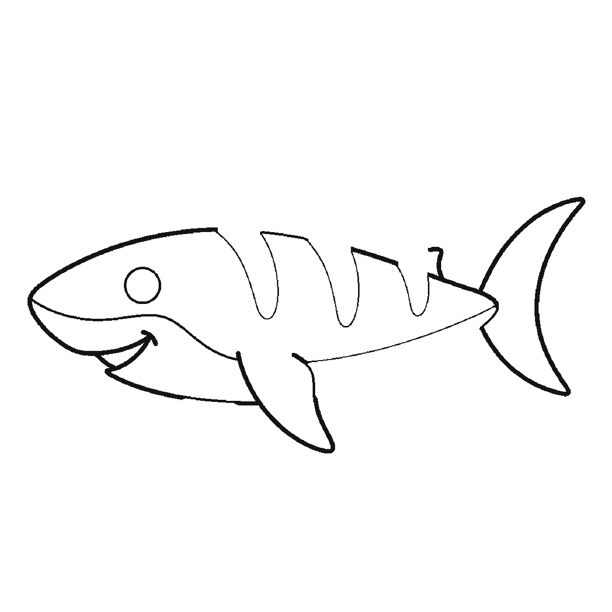 Step 3 of 6: Step-by-step drawing sheet: a shark swimming in profile, built up over six frames from the body to the dorsal fin, side fins and crescent tail, black outlines on white
