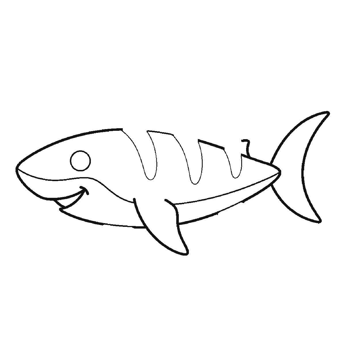 Step 4 of 6: Step-by-step drawing sheet: a shark swimming in profile, built up over six frames from the body to the dorsal fin, side fins and crescent tail, black outlines on white