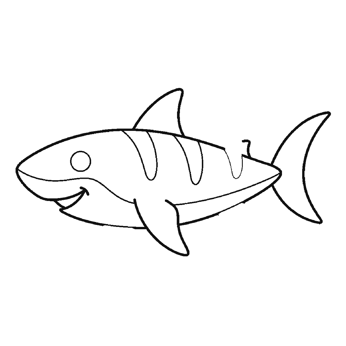 Step 5 of 6: Step-by-step drawing sheet: a shark swimming in profile, built up over six frames from the body to the dorsal fin, side fins and crescent tail, black outlines on white