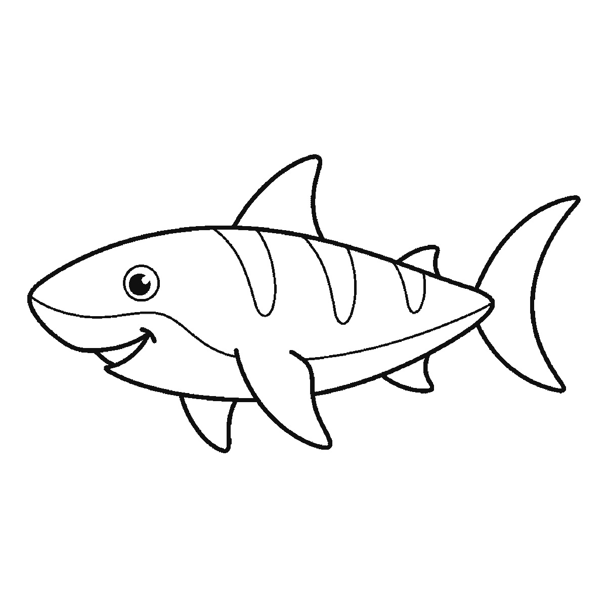Step 6 of 6: Step-by-step drawing sheet: a shark swimming in profile, built up over six frames from the body to the dorsal fin, side fins and crescent tail, black outlines on white
