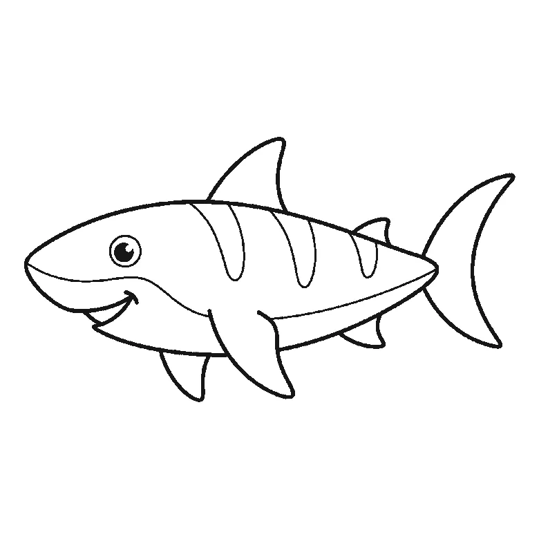 Step-by-step drawing sheet: a shark swimming in profile, built up over six frames from the body to the dorsal fin, side fins and crescent tail, black outlines on white