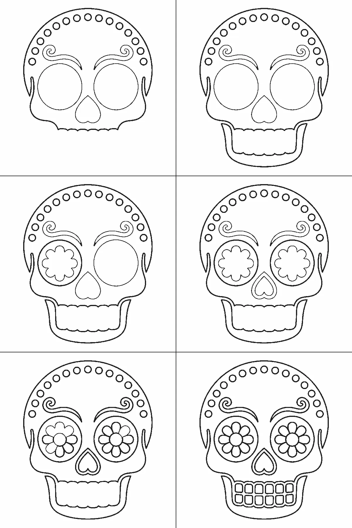 Step-by-step drawing sheet: a decorative sugar-skull calavera facing forward, with a ring of dots across the cranium, a swirl above each eye socket, a flower inside each socket, a heart-shaped nose opening and two rows of square teeth, black outlines on white