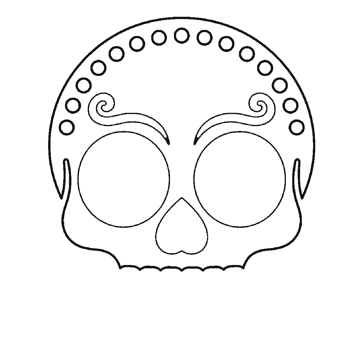 Step 1 of 6: Step-by-step drawing sheet: a decorative sugar-skull calavera facing forward, with a ring of dots across the cranium, a swirl above each eye socket, a flower inside each socket, a heart-shaped nose opening and two rows of square teeth, black outlines on white