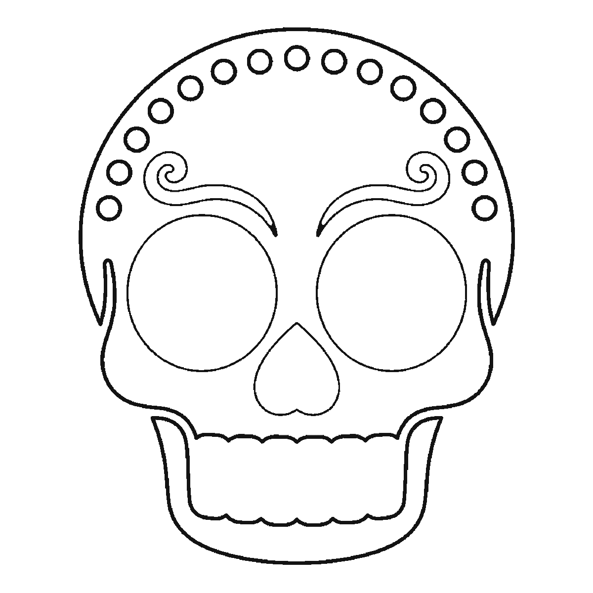 Step 2 of 6: Step-by-step drawing sheet: a decorative sugar-skull calavera facing forward, with a ring of dots across the cranium, a swirl above each eye socket, a flower inside each socket, a heart-shaped nose opening and two rows of square teeth, black outlines on white