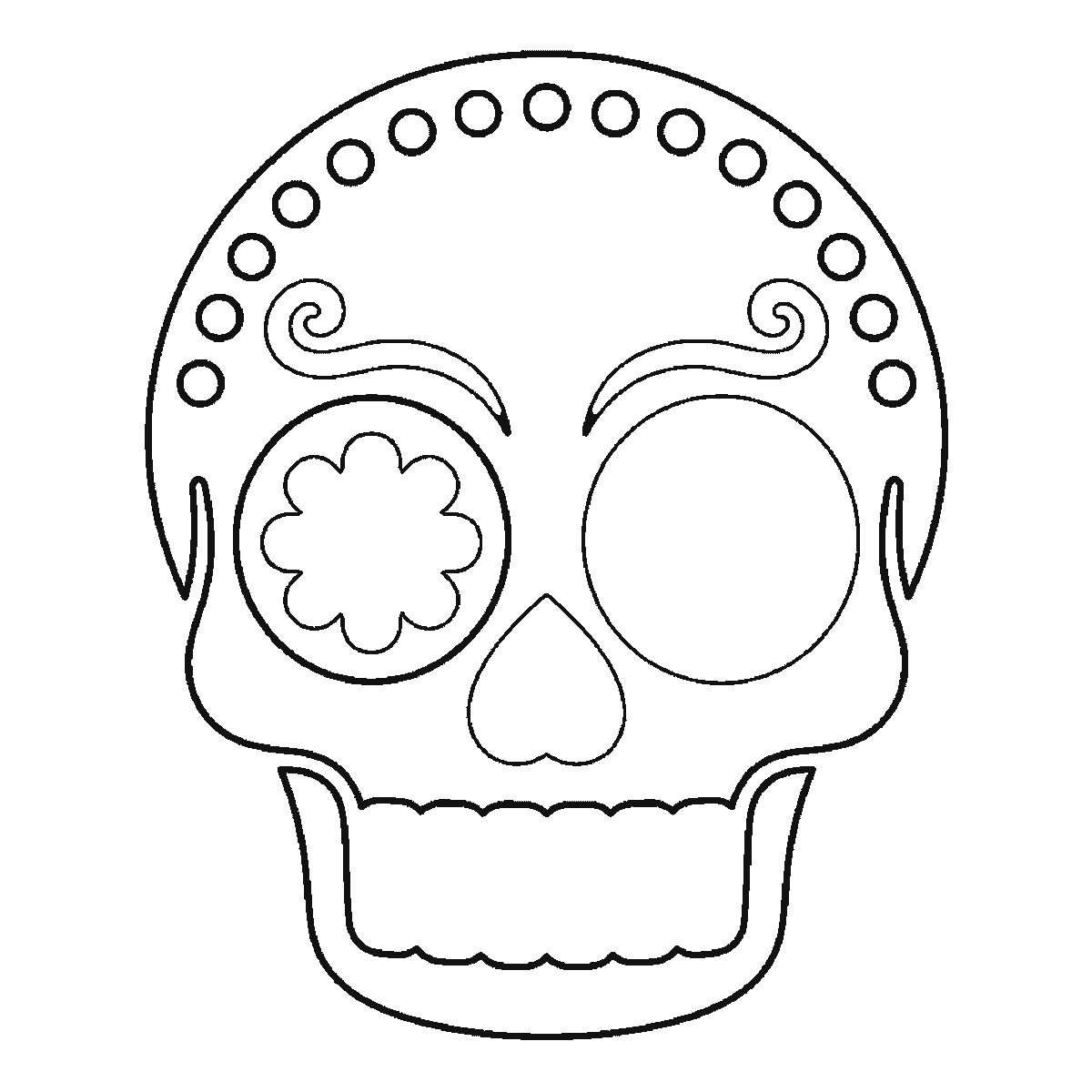Step 3 of 6: Step-by-step drawing sheet: a decorative sugar-skull calavera facing forward, with a ring of dots across the cranium, a swirl above each eye socket, a flower inside each socket, a heart-shaped nose opening and two rows of square teeth, black outlines on white