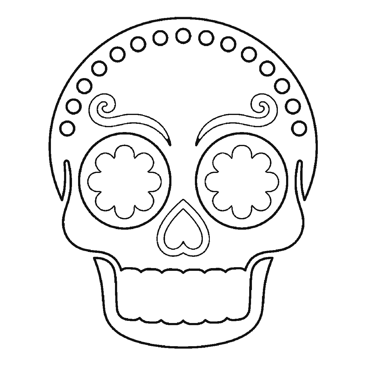 Step 4 of 6: Step-by-step drawing sheet: a decorative sugar-skull calavera facing forward, with a ring of dots across the cranium, a swirl above each eye socket, a flower inside each socket, a heart-shaped nose opening and two rows of square teeth, black outlines on white